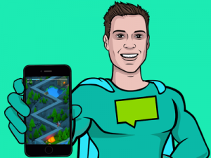 Superhero holding a phone displaying a mountain themed game template